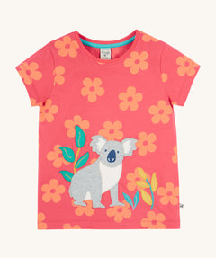 Frugi kids flora fun koala t-shirt - GOTS organic cotton kids t-shirt in light pink with pastel orange floral print and short sleeves. Features an applique of a grey koala next to coloured leaves