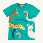 Frugi kids long neck pals tshirt - GOTS organic cotton tshirt in green with short sleeves with orange trim on the inside of the neck. Features a collection of long necked appliqué animals with slogan long neck across the front and names of the animals.