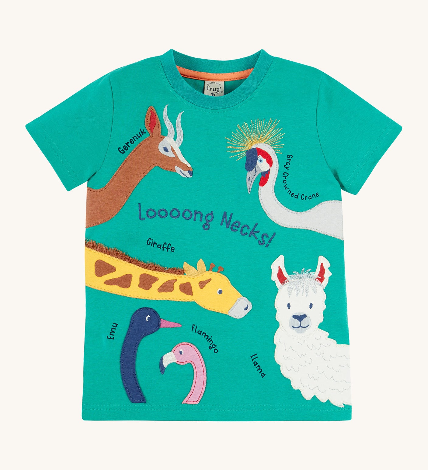 Frugi kids long neck pals tshirt - GOTS organic cotton tshirt in green with short sleeves with orange trim on the inside of the neck. Features a collection of long necked appliqué animals with slogan long neck across the front and names of the animals.