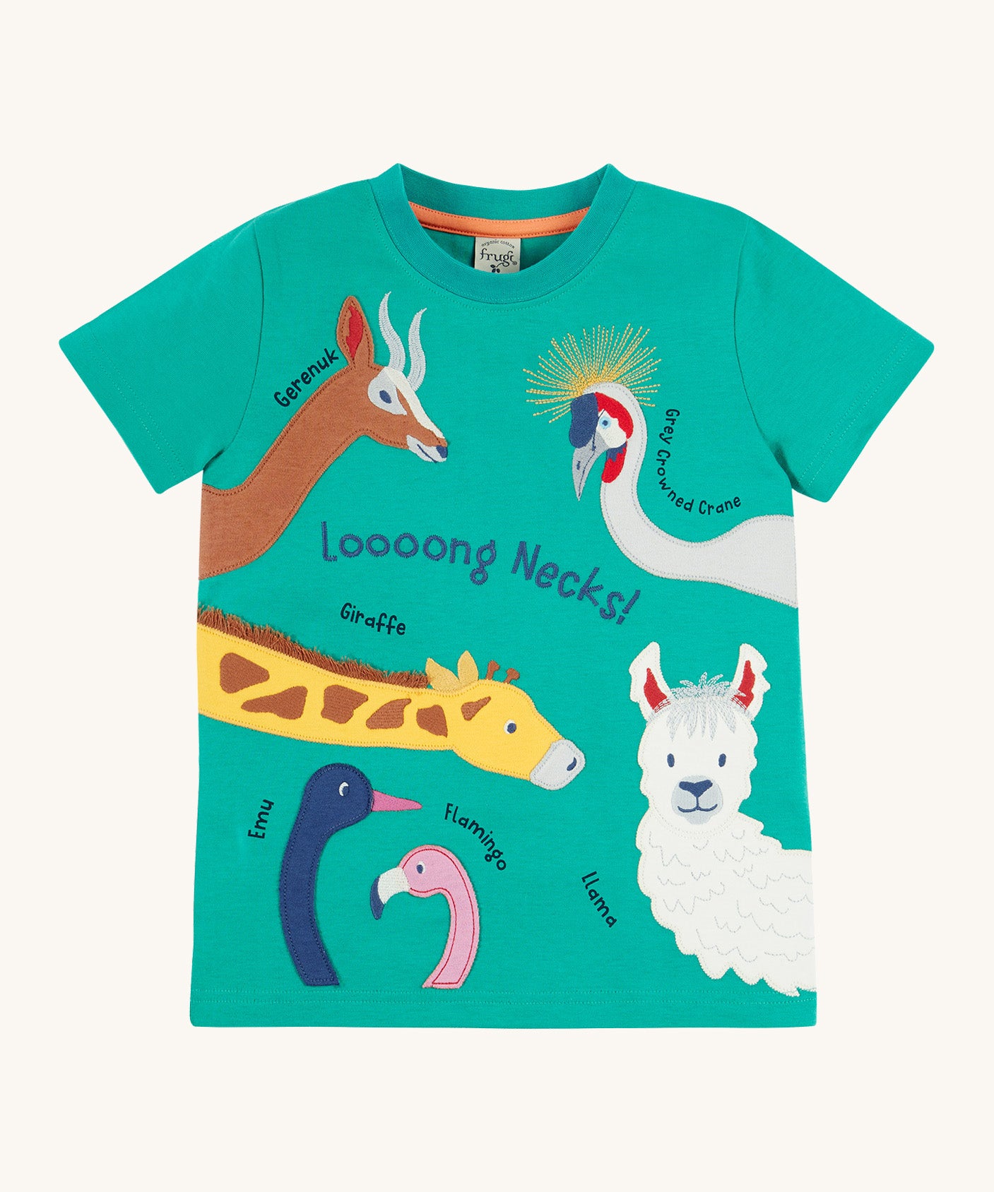 Frugi kids long neck pals tshirt - GOTS organic cotton tshirt in green with short sleeves with orange trim on the inside of the neck. Features a collection of long necked appliqué animals with slogan long neck across the front and names of the animals.