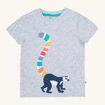 Frugi kids grey marl lemur character t-shirt - GOTS organic cotton Frugi kids tshirt in grey marl with short sleeves and  light blue trim on the inside of the neck. Features a lemur applique with multicoloured tail. 