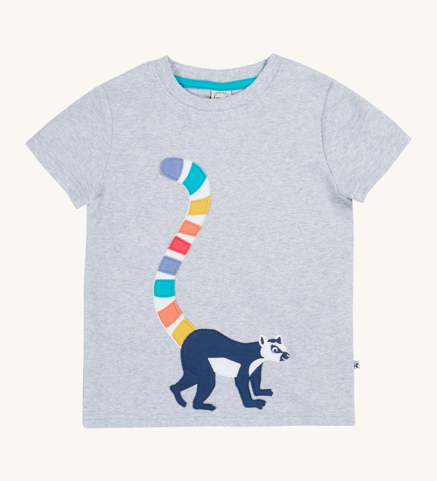 Frugi kids grey marl lemur character t-shirt - GOTS organic cotton Frugi kids tshirt in grey marl with short sleeves and  light blue trim on the inside of the neck. Features a lemur applique with multicoloured tail. 