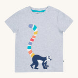 Frugi kids grey marl lemur character t-shirt - GOTS organic cotton Frugi kids tshirt in grey marl with short sleeves and  light blue trim on the inside of the neck. Features a lemur applique with multicoloured tail. 