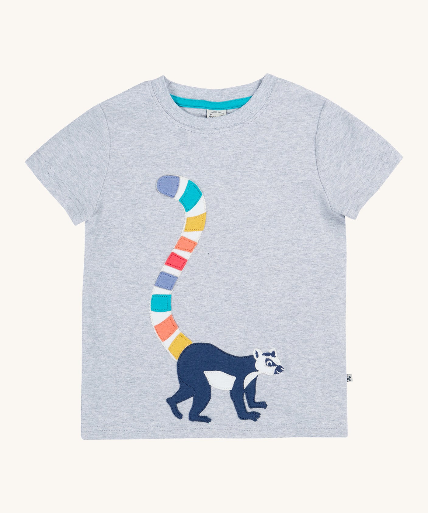 Frugi kids grey marl lemur character t-shirt - GOTS organic cotton Frugi kids tshirt in grey marl with short sleeves and  light blue trim on the inside of the neck. Features a lemur applique with multicoloured tail. 