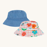 Frugi kids hattie reversible hat - GOTS organic cotton kids reversible bucket hat in denim with white squares and red lines. Featuring different flowers and a little side pocket 