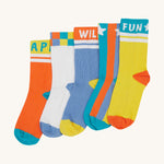 Frugi kids have fun sunnie socks 5 pack - GOTS organic cotton kids socks with elasticated cuffs and features 5 unique , vibrants socks with fun Frugi slogans 