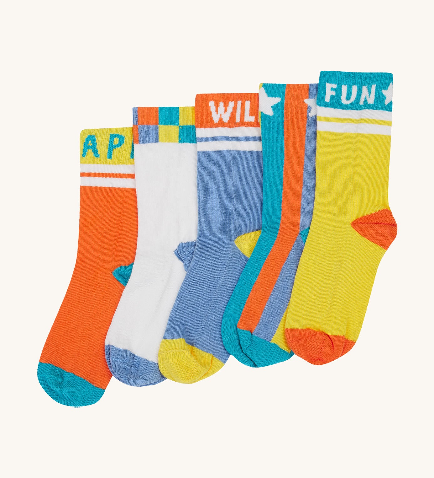 Frugi kids have fun sunnie socks 5 pack - GOTS organic cotton kids socks with elasticated cuffs and features 5 unique , vibrants socks with fun Frugi slogans 