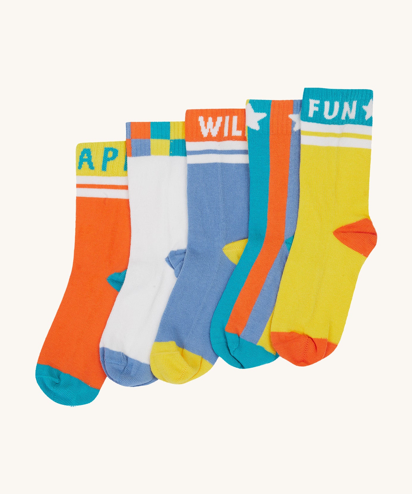 Frugi kids have fun sunnie socks 5 pack - GOTS organic cotton kids socks with elasticated cuffs and features 5 unique , vibrants socks with fun Frugi slogans 