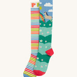 Frugi kids hygge knee high socks - GOTS organic cotton kids knee high socks with a multicoloured striped sock with light blue toe panel and a horse in a field of daisies design with toe and heel panel sock