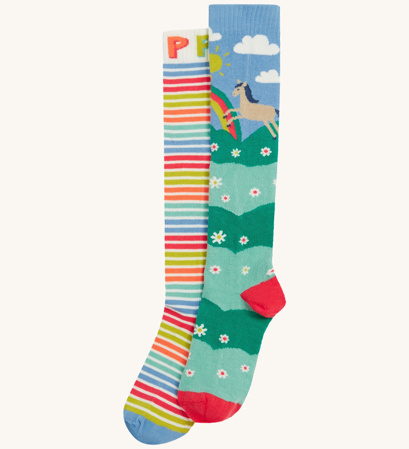 Frugi kids hygge knee high socks - GOTS organic cotton kids knee high socks with a multicoloured striped sock with light blue toe panel and a horse in a field of daisies design with toe and heel panel sock