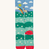 Frugi kids hygge knee high sock showing horse in a field of daisies design with toe and heel panel sock on organic cotton fabric