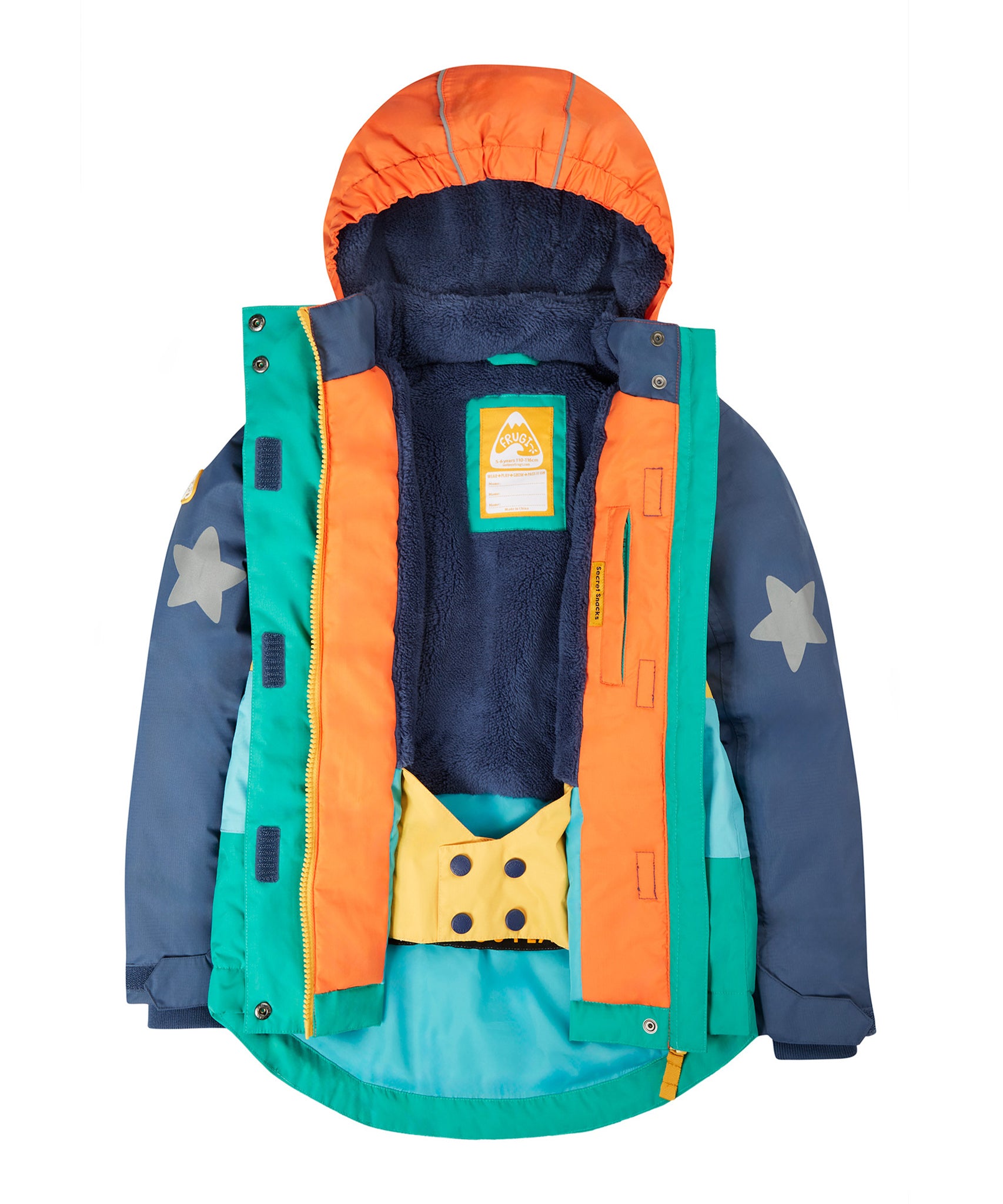 The arm pocket and zipper on the Frugi Snow & Ski Coat - Iguana Colourblock