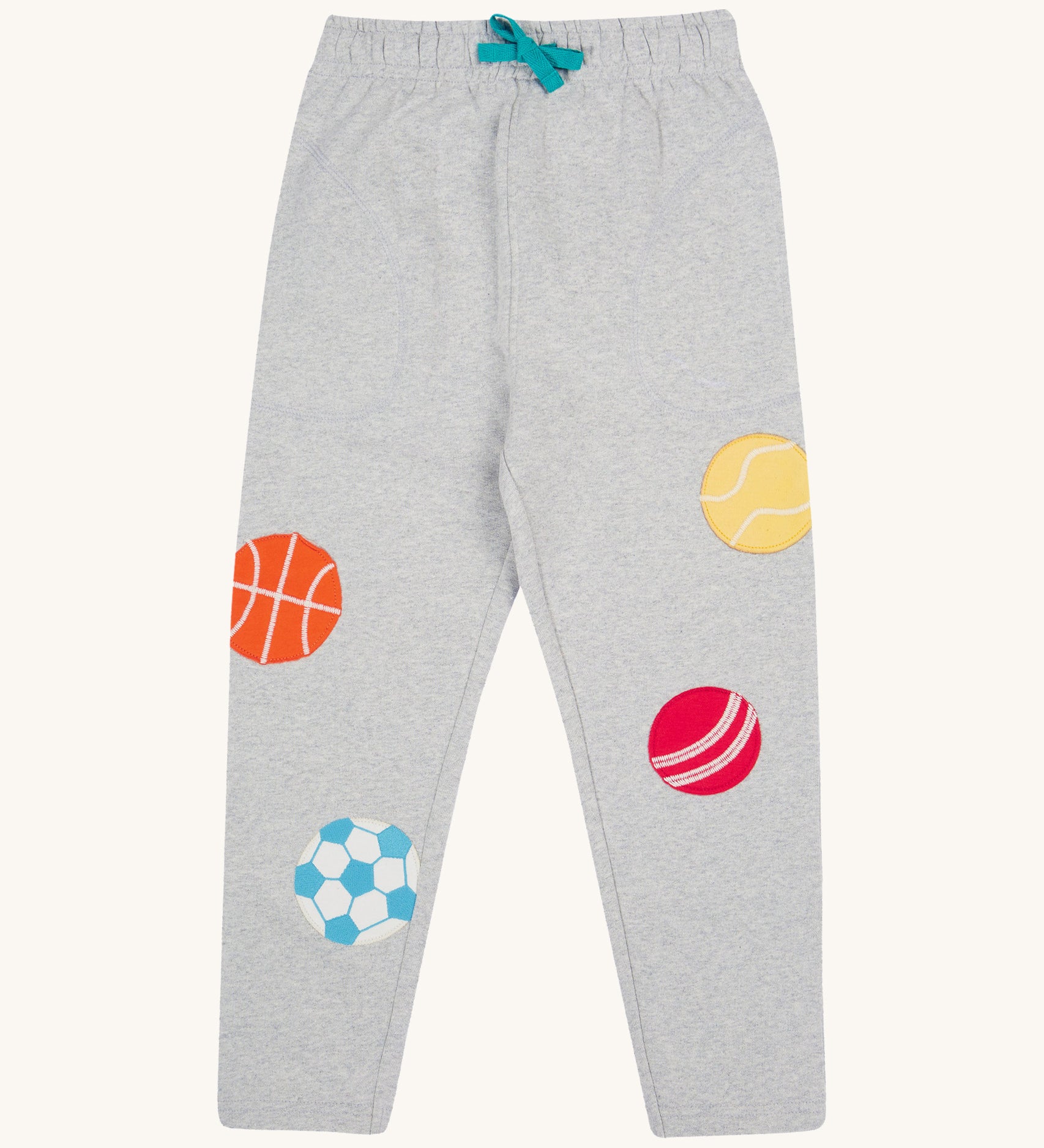 Frugi kids jack appliqué joggers - GOTS kids joggers in grey with a turquoise waist drawstring. Features an appliqué of a basket ball, football, cricket ball and tennis ball