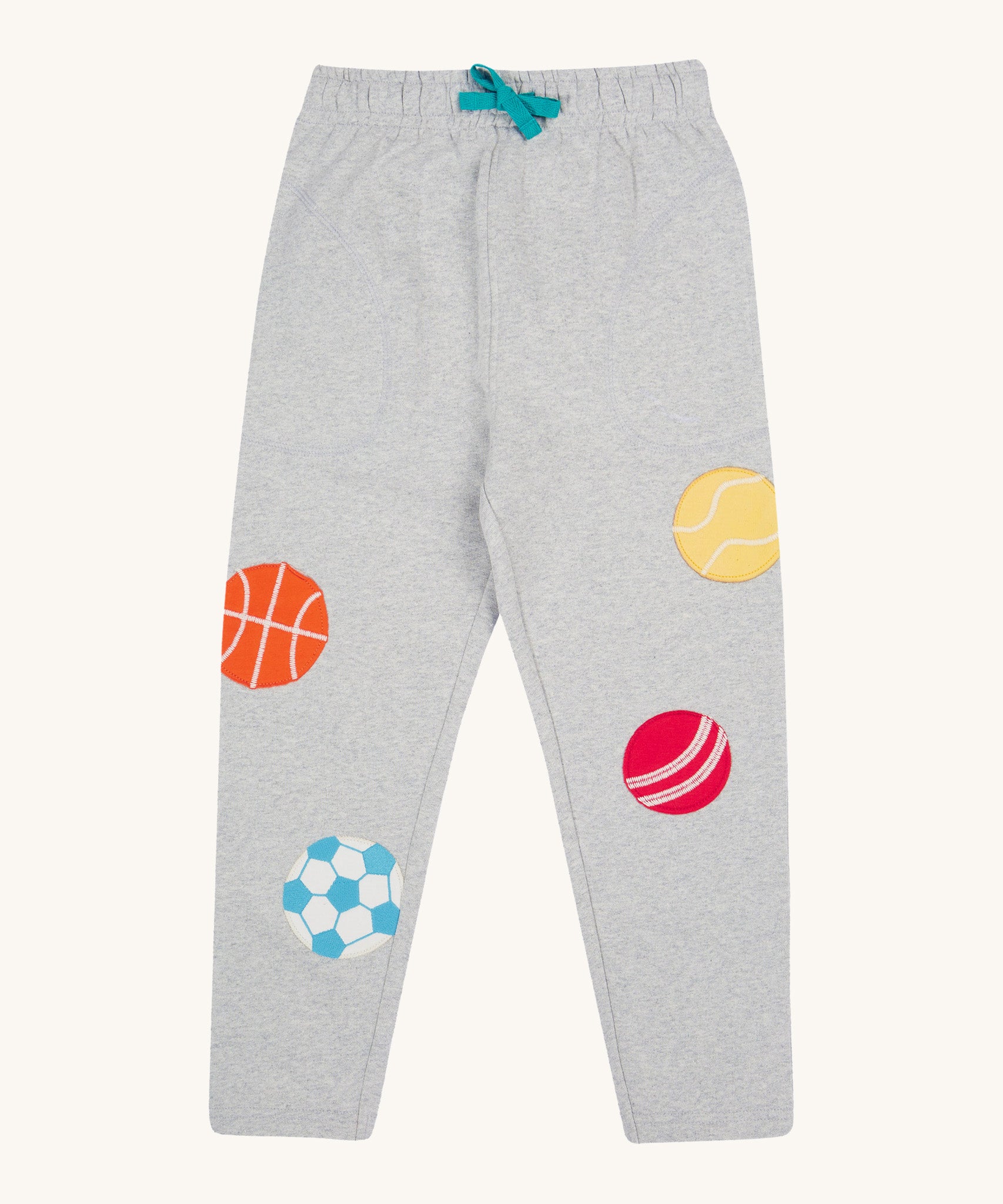 Frugi kids jack appliqué joggers - GOTS kids joggers in grey with a turquoise waist drawstring. Features an appliqué of a basket ball, football, cricket ball and tennis ball