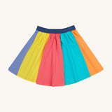 Frugi kids rainbow jersey skirt - GOTS organic cotton kids skirt with navy elasticated waist band and rainbow colour block panels