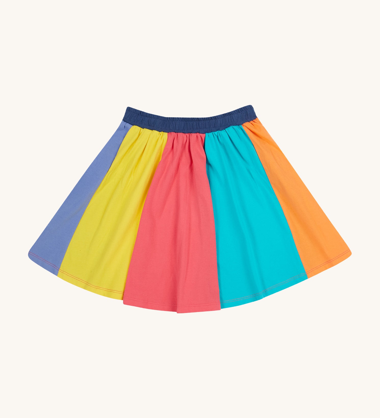 Frugi kids rainbow jersey skirt - GOTS organic cotton kids skirt with navy elasticated waist band and rainbow colour block panels