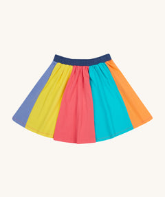 Frugi kids rainbow jersey skirt - GOTS organic cotton kids skirt with navy elasticated waist band and rainbow colour block panels