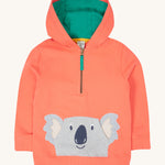 Frugi kids koala half zip hoodie - GOTS organic cotton kids coral hoodie with a half zip with green toggle and a green inner hoodie lining. Features an appliqué of a grey koala head.