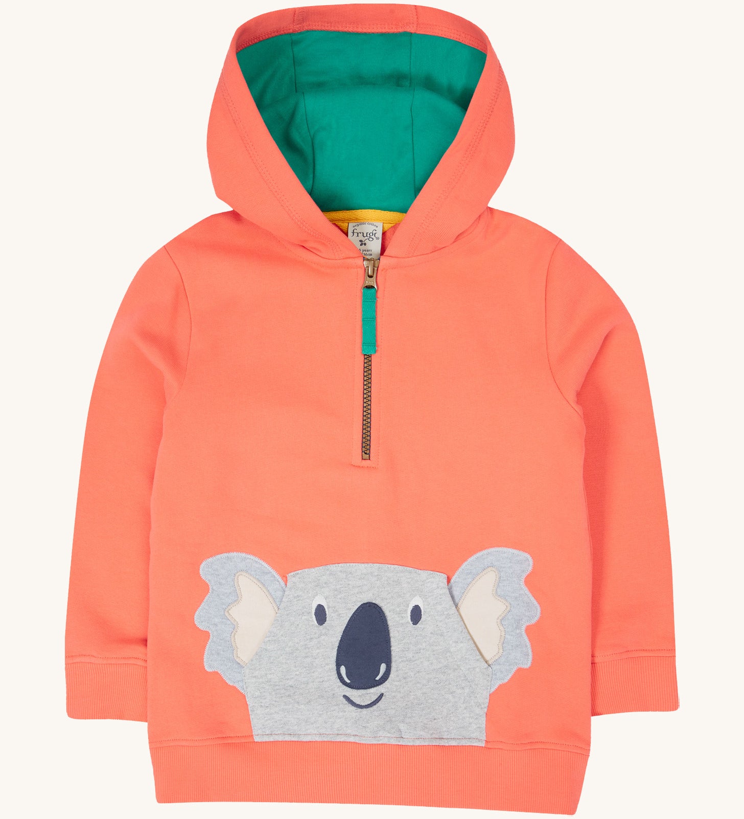 Frugi kids koala half zip hoodie - GOTS organic cotton kids coral hoodie with a half zip with green toggle and a green inner hoodie lining. Features an appliqué of a grey koala head.