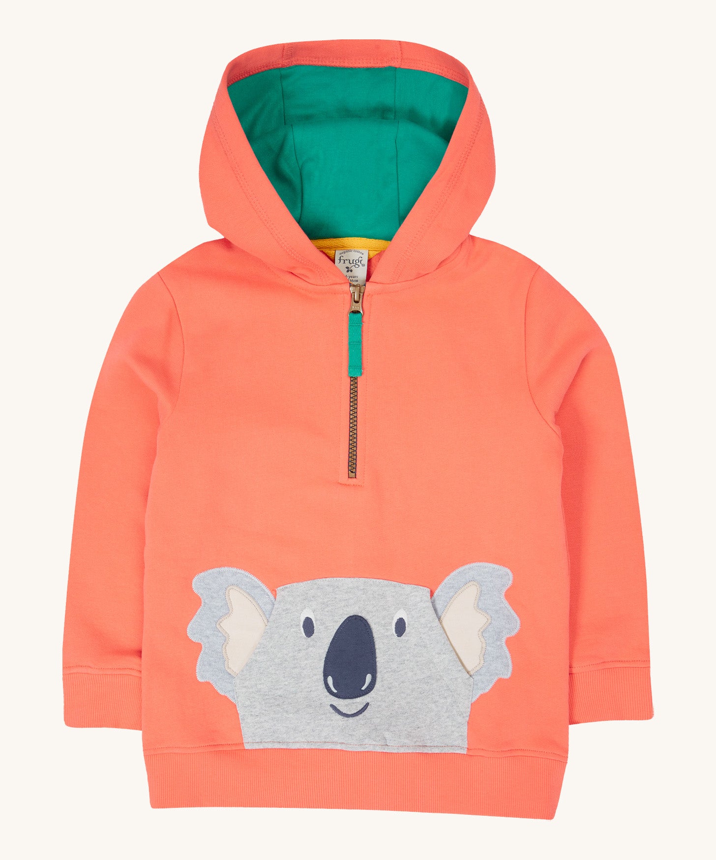 Frugi kids koala half zip hoodie - GOTS organic cotton kids coral hoodie with a half zip with green toggle and a green inner hoodie lining. Features an appliqué of a grey koala head.