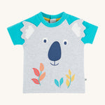 Frugi kids koala raglan t-shirt - GOTS organic cotton Frugi kids t-shirt with light blue short sleeves and grey koala front panel with. Features grey ears stitched loosely on the front panel with coloured bamboo on the bottom. 