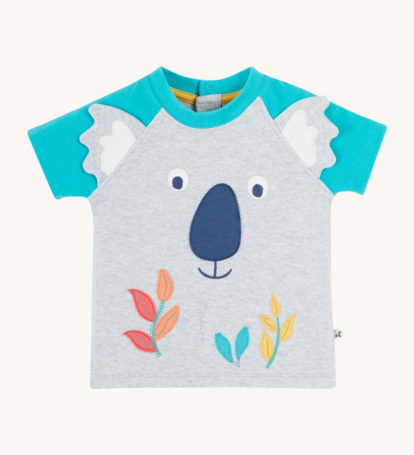 Frugi kids koala raglan t-shirt - GOTS organic cotton Frugi kids t-shirt with light blue short sleeves and grey koala front panel with. Features grey ears stitched loosely on the front panel with coloured bamboo on the bottom. 