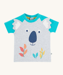 Frugi kids koala raglan t-shirt - GOTS organic cotton Frugi kids t-shirt with light blue short sleeves and grey koala front panel with. Features grey ears stitched loosely on the front panel with coloured bamboo on the bottom. 