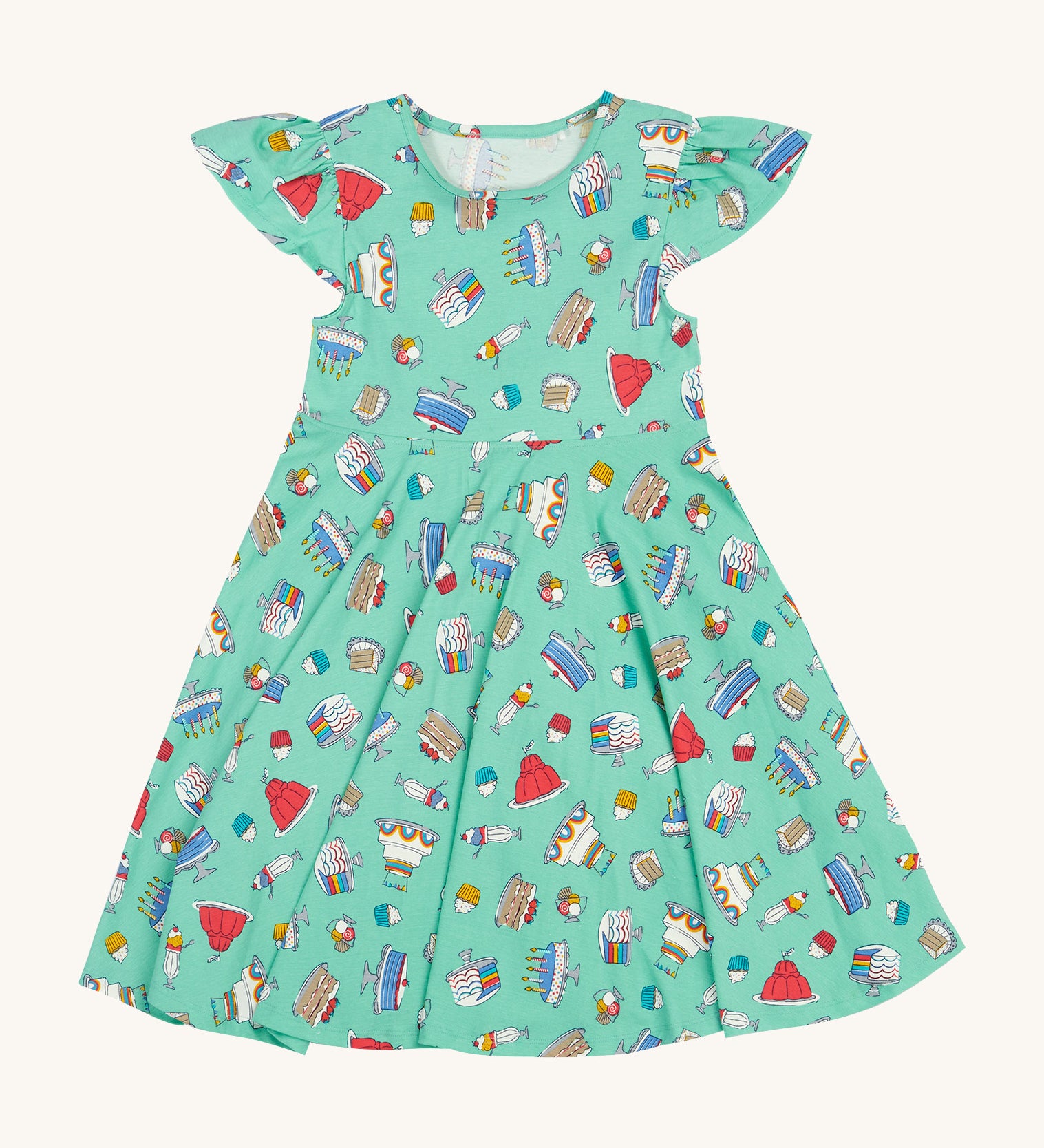 Frugi kids lets bake Morwenna skater dress - GOTS organic cotton Frugi skater dress in light green, short sleeves and a gentle frill. Features different prints of  cakes, ice creams and puddings.