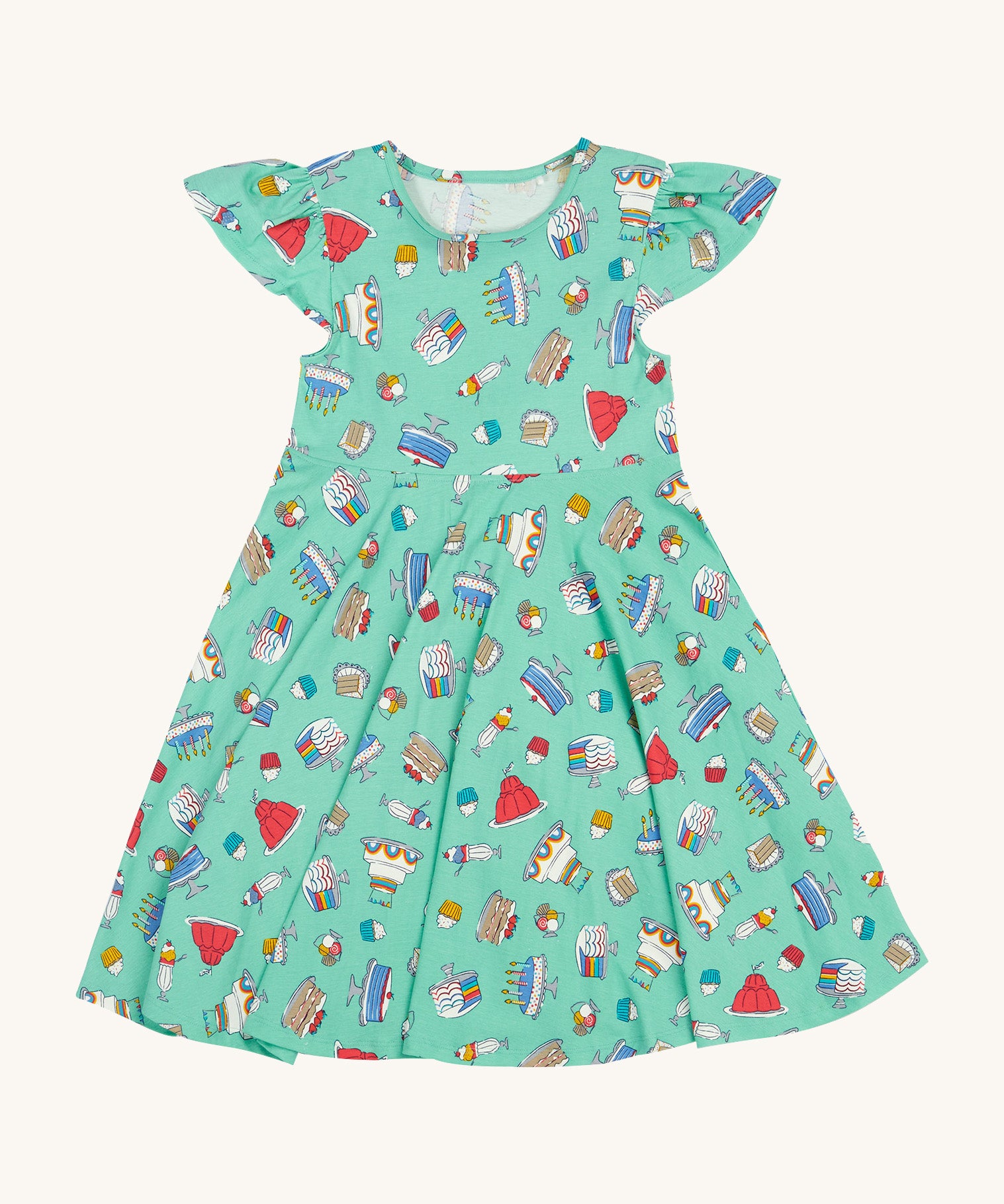 Frugi kids lets bake Morwenna skater dress - GOTS organic cotton Frugi skater dress in light green, short sleeves and a gentle frill. Features different prints of  cakes, ice creams and puddings.