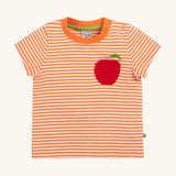 Frugi kids lifeboat stripe, apple t-shirt - GOTS organic cotton kids t-shirt with orange and white stripes, short sleeve and  popper fasteners on the shoulder for easy fitting. Features and appliqué of a red apple on the front with a green leaf embroidery. 