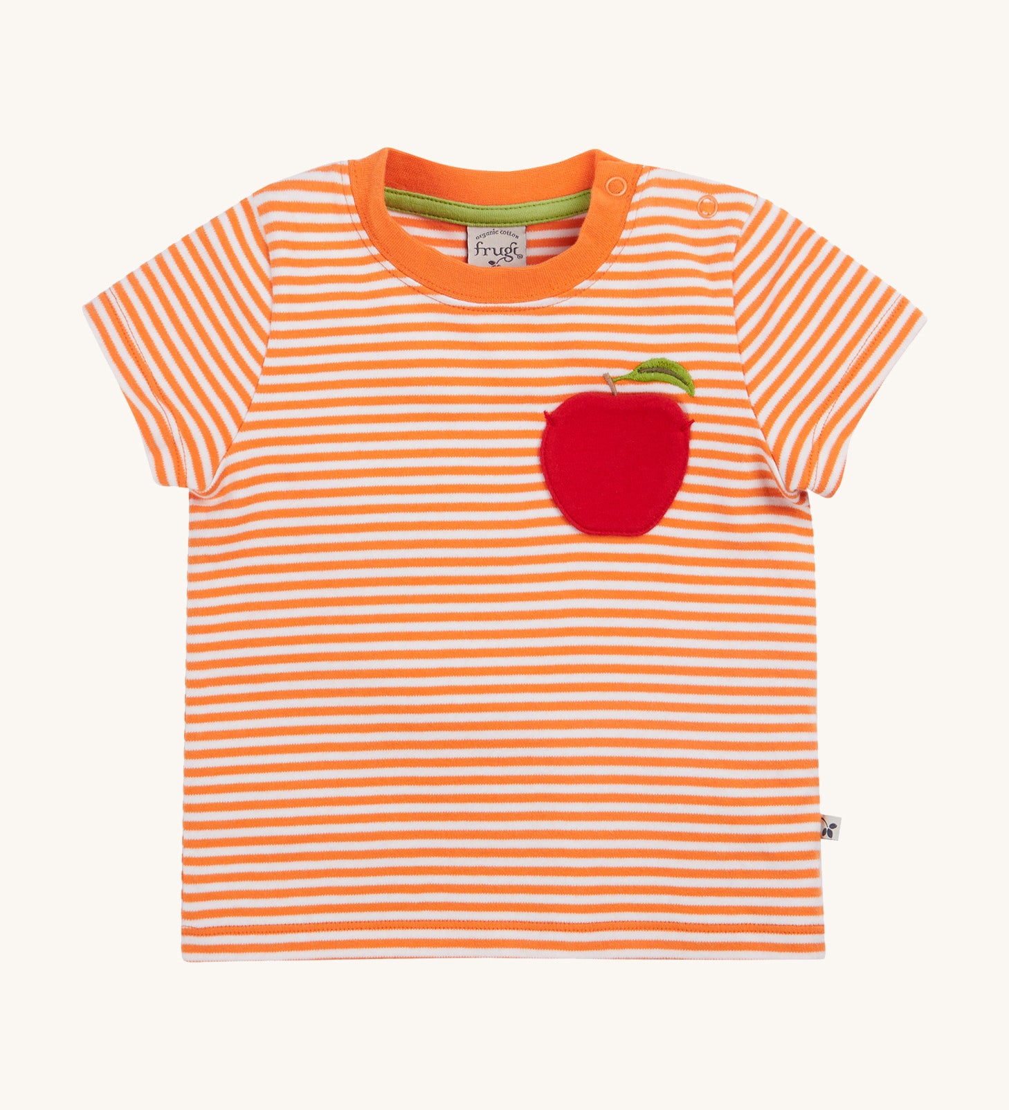 Frugi kids lifeboat stripe, apple t-shirt - GOTS organic cotton kids t-shirt with orange and white stripes, short sleeve and  popper fasteners on the shoulder for easy fitting. Features and appliqué of a red apple on the front with a green leaf embroidery. 