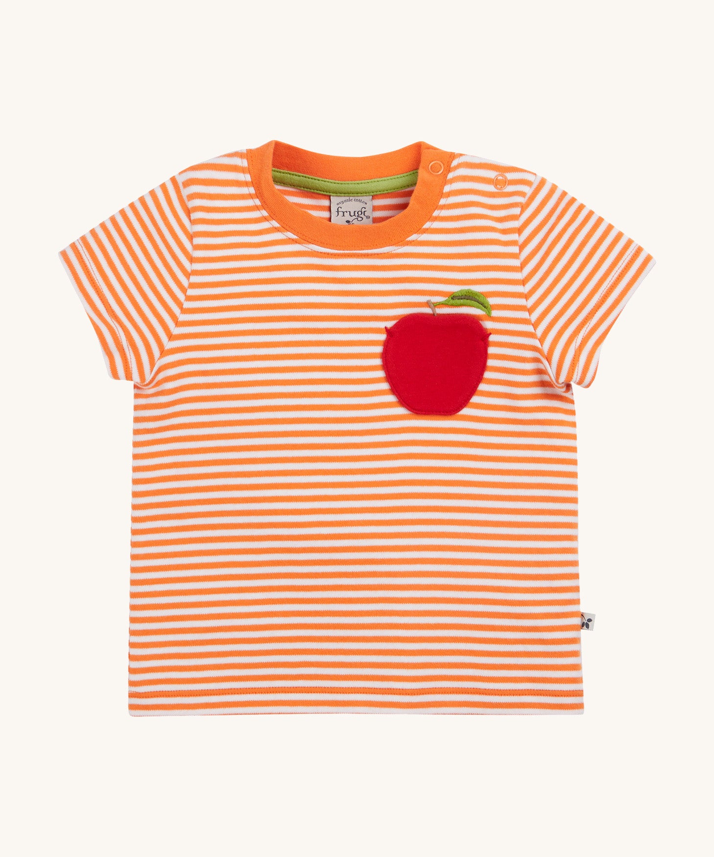 Frugi kids lifeboat stripe, apple t-shirt - GOTS organic cotton kids t-shirt with orange and white stripes, short sleeve and  popper fasteners on the shoulder for easy fitting. Features and appliqué of a red apple on the front with a green leaf embroidery. 