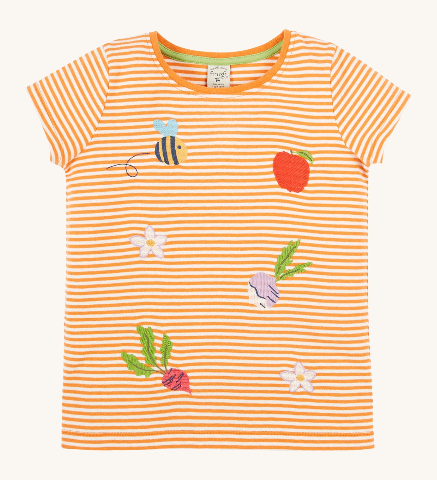 Frugi kids lifeboat stripe veg t-shirt - GOTS organic cotton kids t-shirt with orange and white stripes and orange neck trim. Features an appliqué of a bee with grey wings, a red apple, purple radish, red beetrooth and lilac flowers. 