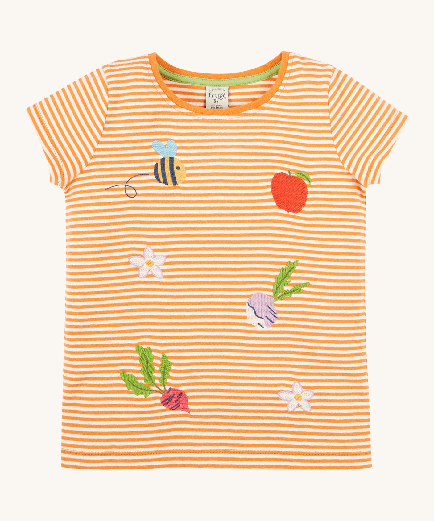 Frugi kids lifeboat stripe veg t-shirt - GOTS organic cotton kids t-shirt with orange and white stripes and orange neck trim. Features an appliqué of a bee with grey wings, a red apple, purple radish, red beetrooth and lilac flowers. 