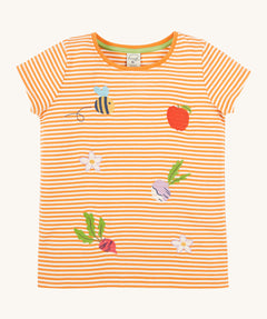 Frugi kids lifeboat stripe veg t-shirt - GOTS organic cotton kids t-shirt with orange and white stripes and orange neck trim. Features an appliqué of a bee with grey wings, a red apple, purple radish, red beetrooth and lilac flowers. 