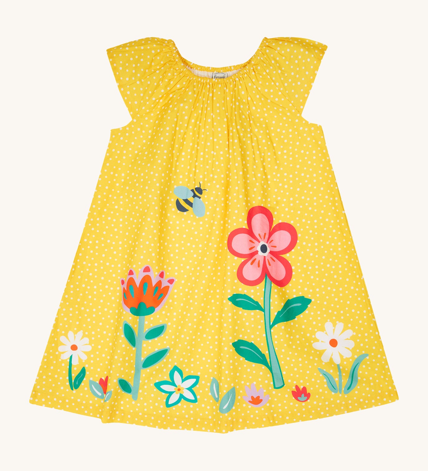 Frugi kids lowen flower dress - GOTS organic cotton kids dress in yellow with white spots and sleeveless. Features a yellow bee print flying over different flowers.