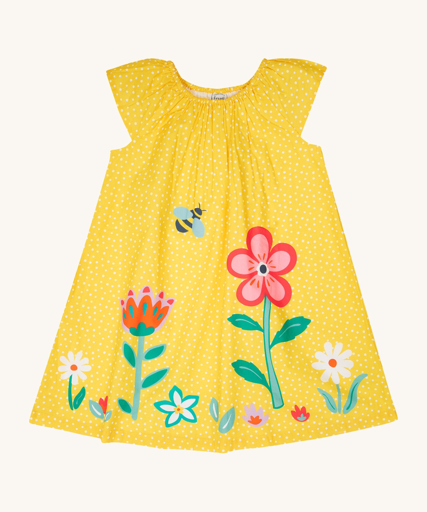 Frugi kids lowen flower dress - GOTS organic cotton kids dress in yellow with white spots and sleeveless. Features a yellow bee print flying over different flowers.