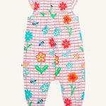 Frugi baby Lula paint a floral playsuit - GOTS organic cotton baby playsuit with white and red check, light ruffle on the shoulder, popper fastener on the back for easy fittin. Features a print of yellow bees and different coloured flowers. 