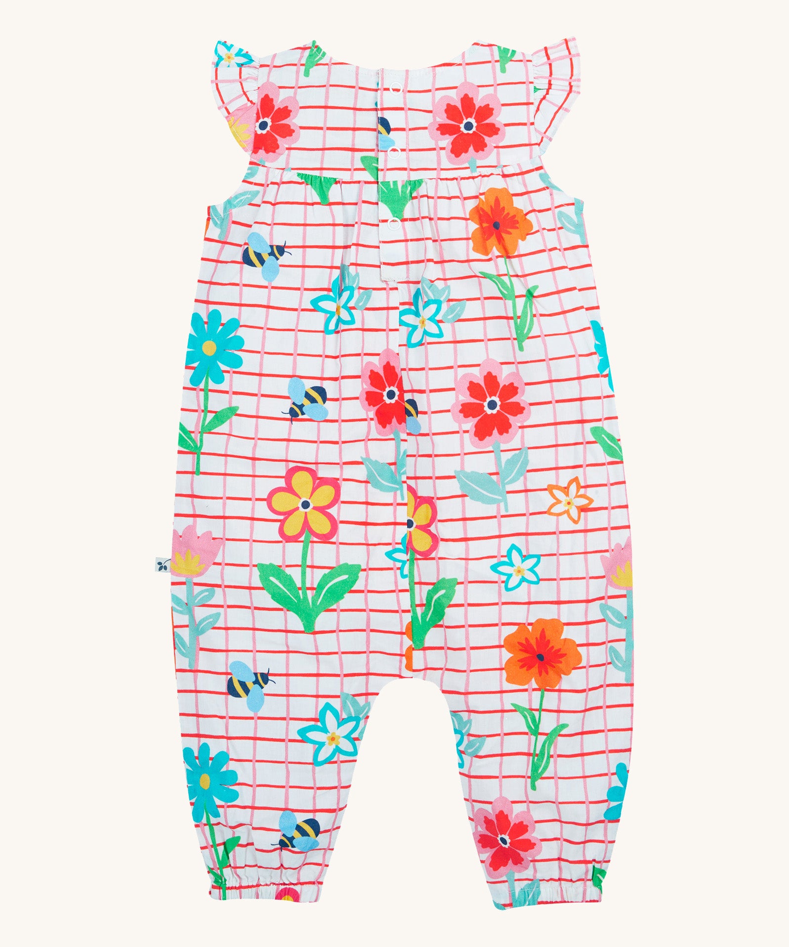 Frugi baby Lula paint a floral playsuit - GOTS organic cotton baby playsuit with white and red check, light ruffle on the shoulder, popper fastener on the back for easy fittin. Features a print of yellow bees and different coloured flowers. 