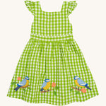 Frugi kids macaw gingam birds dress - GOTS organic cotton kids dress with green and white gingham, sleeveless with gentle ruffle with a back strap fastener. Features 3 appliqué  of different birds perched on a stick.