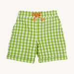 Frugi kids macaw gingham Giles short - GOTS organic cotton kids shorts in green gingham, turned up leg cuffs and a orange waist drawstring.