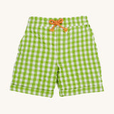 Frugi kids macaw gingham Giles short - GOTS organic cotton kids shorts in green gingham, turned up leg cuffs and a orange waist drawstring.