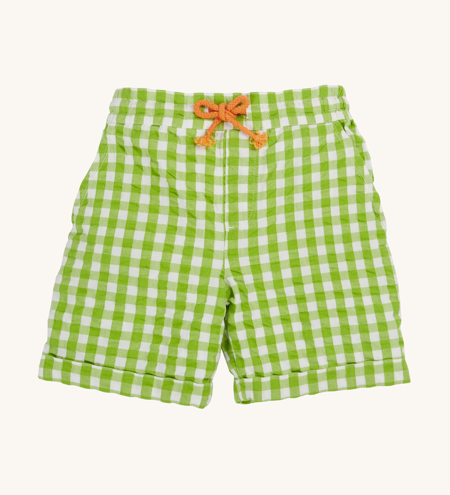 Frugi kids macaw gingham Giles short - GOTS organic cotton kids shorts in green gingham, turned up leg cuffs and a orange waist drawstring.