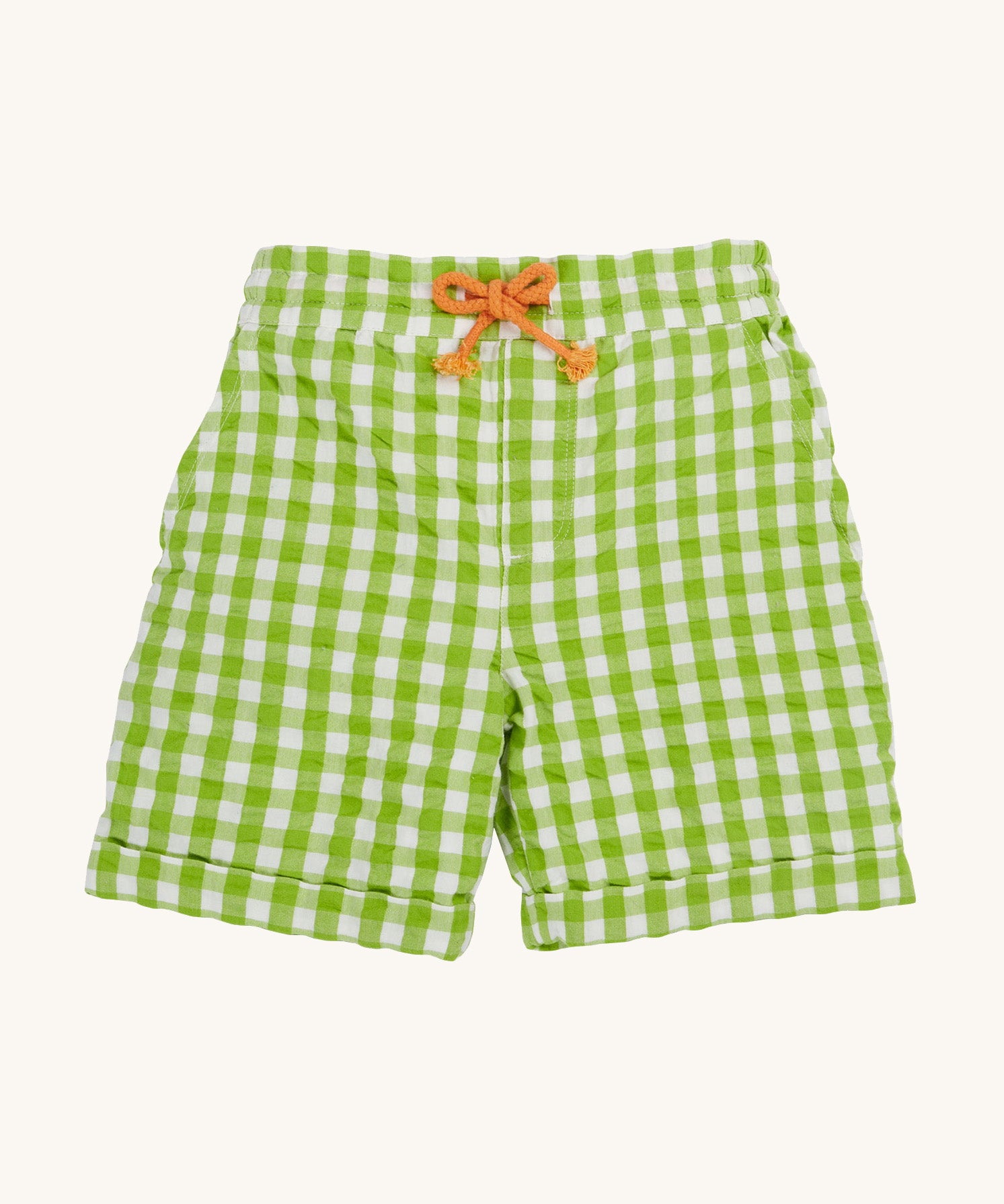 Frugi kids macaw gingham Giles short - GOTS organic cotton kids shorts in green gingham, turned up leg cuffs and a orange waist drawstring.