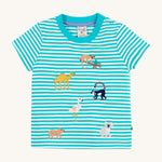 Frugi kids moss stripe wildlife t-shirt - GOTS organic cotton kids t-shirt with blue and white stripes, short sleeves, light blue neck trim and shoulder popper fasteners for easy fitting. Features a lemur, camel, pelican koala and capybara applique 