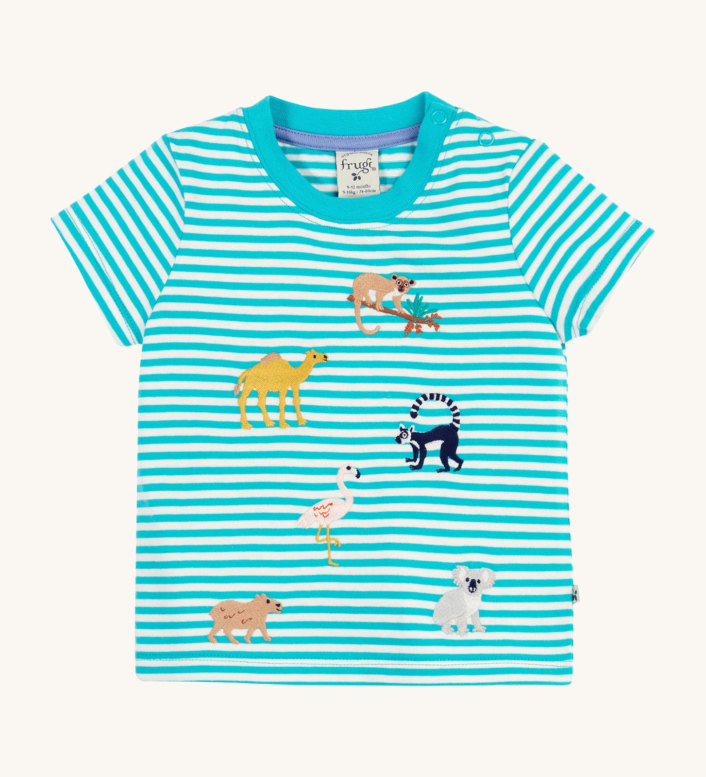 Frugi kids moss stripe wildlife t-shirt - GOTS organic cotton kids t-shirt with blue and white stripes, short sleeves, light blue neck trim and shoulder popper fasteners for easy fitting. Features a lemur, camel, pelican koala and capybara applique 