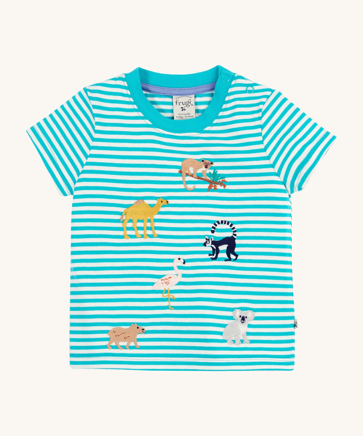 Frugi kids moss stripe wildlife t-shirt - GOTS organic cotton kids t-shirt with blue and white stripes, short sleeves, light blue neck trim and shoulder popper fasteners for easy fitting. Features a lemur, camel, pelican koala and capybara applique 