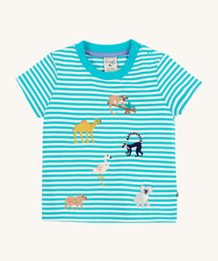 Frugi kids moss stripe wildlife t-shirt - GOTS organic cotton kids t-shirt with blue and white stripes, short sleeves, light blue neck trim and shoulder popper fasteners for easy fitting. Features a lemur, camel, pelican koala and capybara applique 