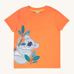 Frugi kids orange koala t-shirt - GOTS organic cotton Frugi kids t-shirt in light orange with short sleeves and a yellow trim on the inside of the neck. Features a grey koala applique hanging on embroidered bamboo shoots