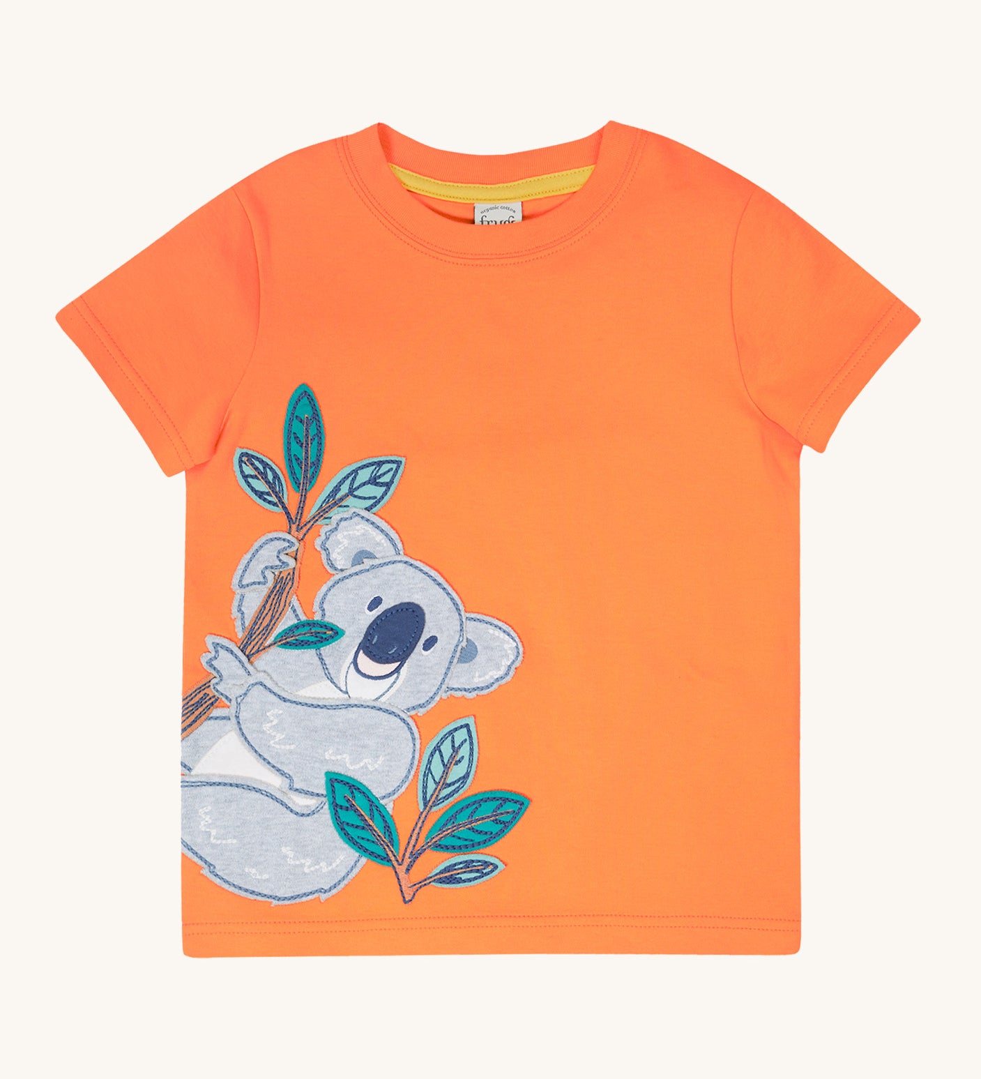 Frugi kids orange koala t-shirt - GOTS organic cotton Frugi kids t-shirt in light orange with short sleeves and a yellow trim on the inside of the neck. Features a grey koala applique hanging on embroidered bamboo shoots